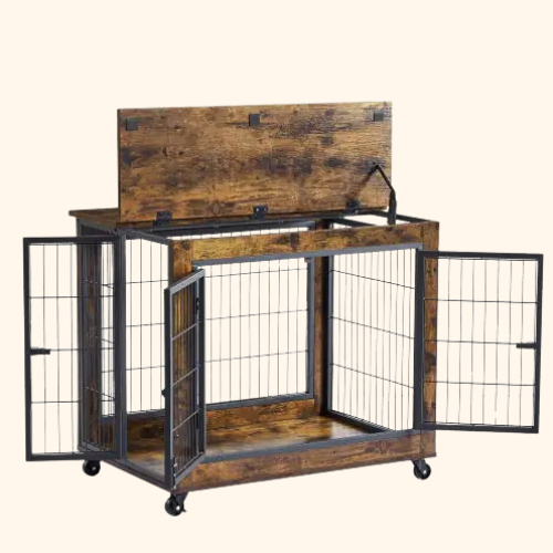 Furniture Style Dog Crate Side Table On Wheels With Double Doors And Lift Top. Rustic Brown, 31.50'' W X 22.05'' D X 25'' H.