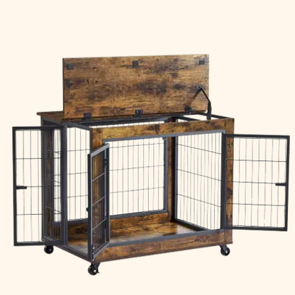 Furniture Style Dog Crate Side Table On Wheels With Double Doors And Lift Top. Rustic Brown, 31.50'' W X 22.05'' D X 25'' H.