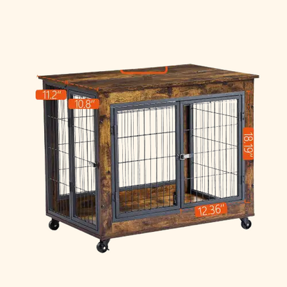 Furniture Style Dog Crate Side Table On Wheels With Double Doors And Lift Top. Rustic Brown, 31.50'' W X 22.05'' D X 25'' H.