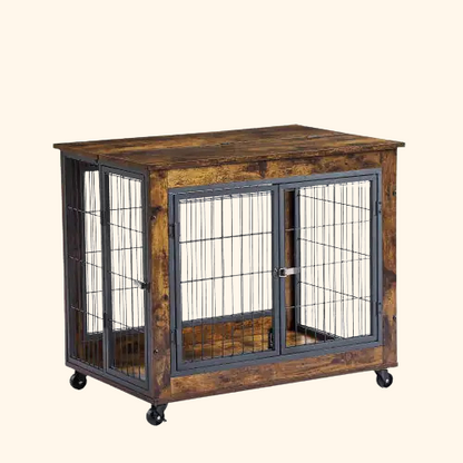 Furniture Style Dog Crate Side Table On Wheels With Double Doors And Lift Top. Rustic Brown, 31.50'' W X 22.05'' D X 25'' H.