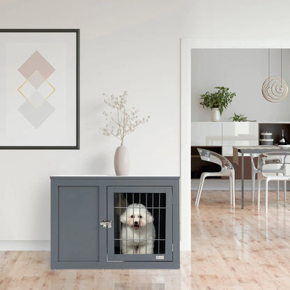 Dog Cage Furniture Metal Indoor Pet Cage Cage, Double Door End Table, Small & Medium Dog House Locks, Grey